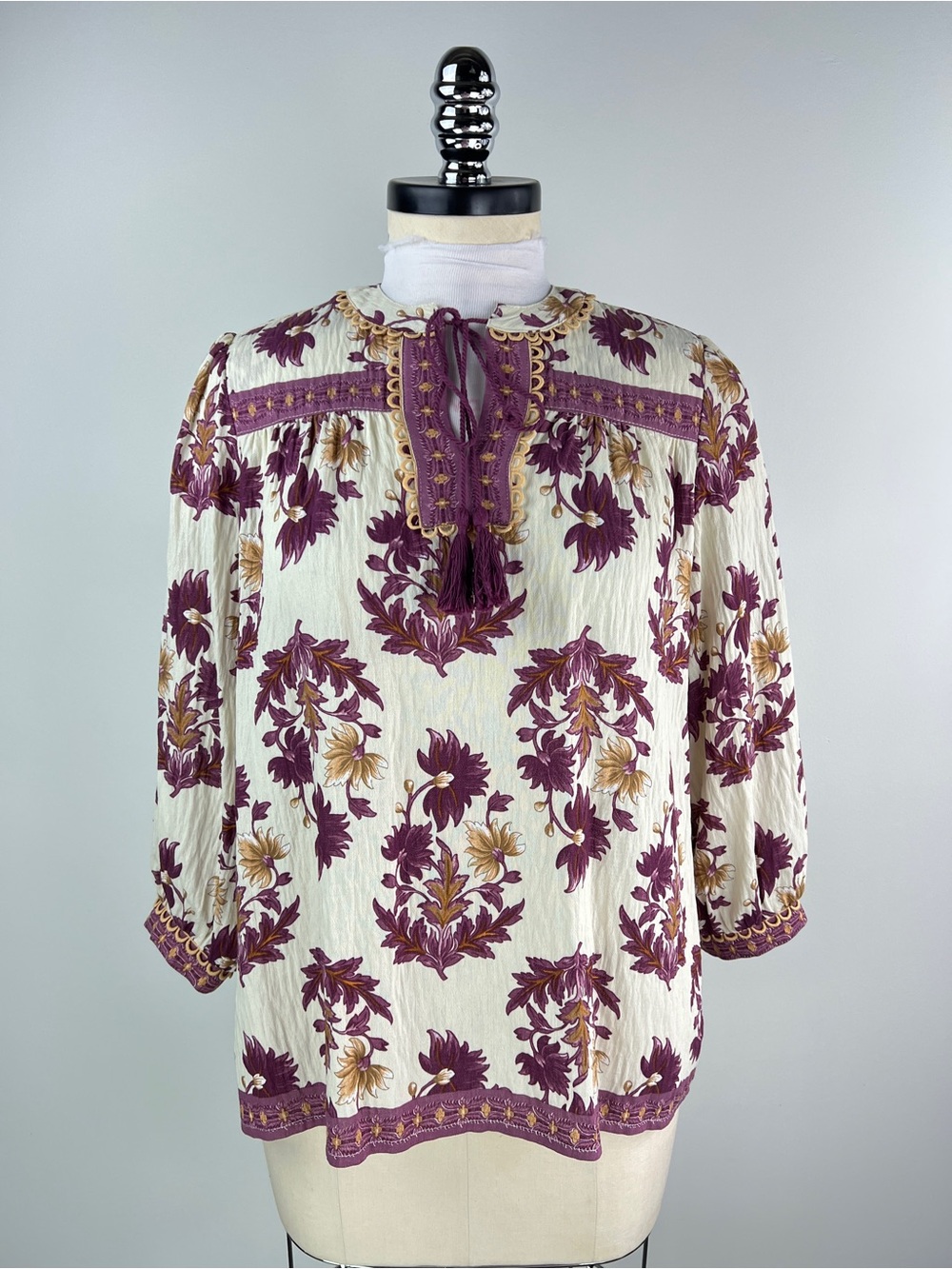 💚 3626. Bohemian Floral Peasant Blouse - Cream & Plum